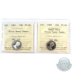 1965 & 1969 Small Date Canada 10-cent ICCS Certified PL-66 Ultra Heavy Cameo. 2pcs