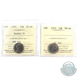 1971 Double 71 & 1972 Canada 10-cent ICCS Certified MS-66. 2pcs
