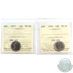 1973 & 1974 Canada 10-cent ICCS Certified MS-66. 2pcs