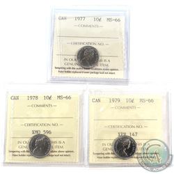 1977,1978 & 1979 Canada 10-cent ICCS Ceritified MS-66. 3pcs
