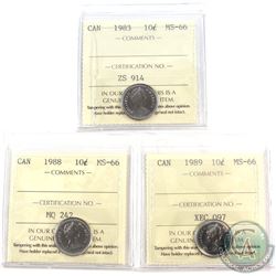 1983,1988 & 1989 Canada 10-cent ICCS Certified MS-66. 3pcs