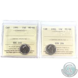1991 & 1992 Canada 10-cent ICCS Certified MS-66. 2pcs