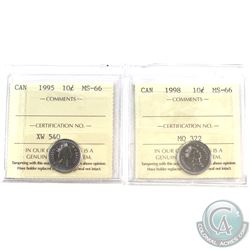 1995 & 1998 Canada 10-cent ICCS certified MS-66. 2pcs