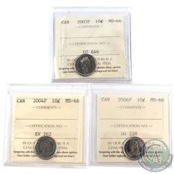 2003P, 2004P & 2006P Canada 10-cent ICCS Certified MS-66. 3pcs