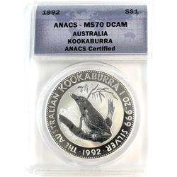 1992 Australia $1 Kookaburra ANACS Certified MS-70 DCAM.  (Tax Exempt)