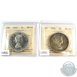 2x 1954 Canada Silver $1 ICCS Certified MS-63.Cameo. 2pcs.