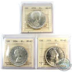 3x 1954 Canada Silver $1 ICCS Certified MS-63. 3pcs.