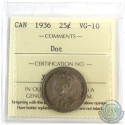 1936 Canada 25-cent Dot ICCS Certified VG-10.