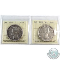 1950 Canada Silver $1 SWL ICCS Certified AU-58 & 1957 Canada Silver $1 1WL ICCS Certified MS-62. 2pc