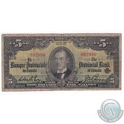 1936 $5 PC-4a Provincial Bank of Canada , Montreal Note, Serial# C/092986, VG.