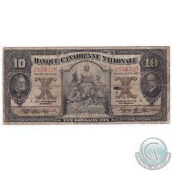 1925 Banque Canadienne Nationale $10. 85-10-02, S/N: A2156326, VG.