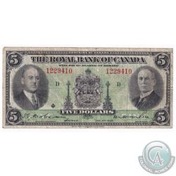 1935 Royal Bank of Canada $5, Serial: D/1229410, Fine.
