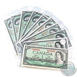 10x 1954 Canada $1 Banknote Collection with 8 Different Prefixes.  10pcs.