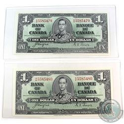 Consecutive 1937 Bank of Canada $1 Coyne-Towers, W/M5585479/80. UNC+ Condition. 2pcs.