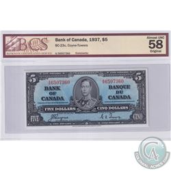 BC-23c 1937 Bank of Canada $5, Coyne-Towers, A/S Prefix, 6507360. BCS Certified AU-58 Original.