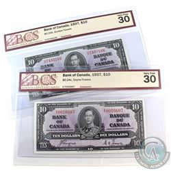Pair of 1937 Bank of Canada $10 BCS Certified VF-30 Banknotes. You will receive a BC-24b, Gordon-Tow