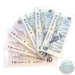 Lot of Consecutive 1986 Bank of Canada $5 Notes & 1989 Bank of Canada $10 Notes.  You will receive t