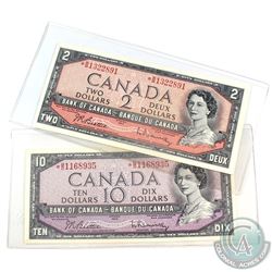 1954 Bank of Canada $2 & $10 Replacement Note Set.  You will receive a 1954 $2 Beattie-Rasminsky *B/
