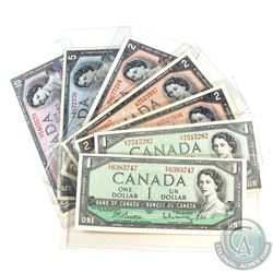 Lot of 1954 Bank of Canada $1, $2, $5, $10 Banknote Collection.  You will receive 2x $1, 3x $2, 1x $