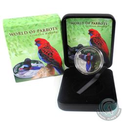 2014 Cook Islands $5 3D World Of Parrots- Crimson Rosella Sterling Silver Coin.