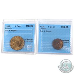 1909 Canada 1-cent MS-62 RB & 1936 Canada 1-cent MS-60 RB. Both coins have been graded by CCCS. 2pcs
