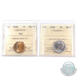 1939 Canada 1-cent MS-65 Red & 1944 Canada 5-cent MS-65.  Both coins have been certified by ICCS. 2p