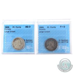 Pair of 1906 Canada 25-cent Large Crown CCCS Certified AG-3 & F-12. 2pcs.