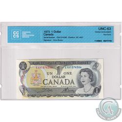 1973 Bank of Canada $1, Crow-Bouey, EXA Prefix, 1374386. CCCS Certified CUNC-63 Test Note.