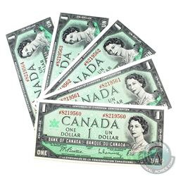 5x Consecutive 1967 Bank of Canada $1 Beattie-Rasminsky JP/8219560/61/62/63/64 CUNC. 5pcs.