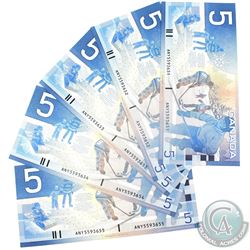Consecutive 2001 Bank of Canada $5, Knight-Dodge, ANY/5593651/52/53/54/55. AU-UNC Condition. 5pcs.