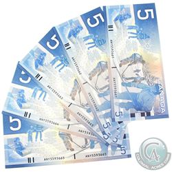 Consecutive 2001 Bank of Canada $5, Knight-Dodge, ANY/5593661/62/63/64/65. CUNC Condition. 5pcs.