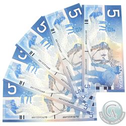Consecutive 2001 Bank of Canada $5, Knight-Dodge, ANY/5593666/67/68/69/70. CUNC Condition. 5pcs.