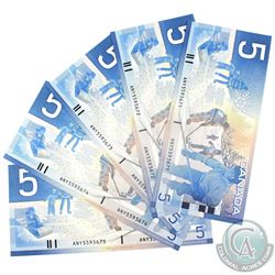 Consecutive 2001 Bank of Canada $5, Knight-Dodge, ANY/5593671/72/73/74/75. AU-UNC Condition. 5pcs.