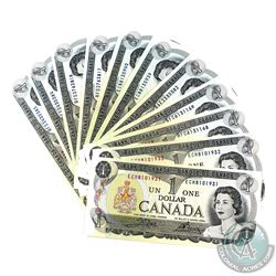 Lot of 1973 Bank of Canada $1 Notes in UNC Condition.  Lot includes 6 pairs of Consecutive numbers, 