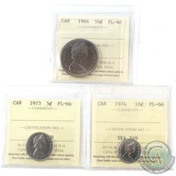 1966-1974 Canada ICCS Certified PL-66 Coin Collection. You will receive a 1966 50-cent, 1973 5-cent,