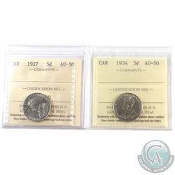 1927 & 1934 Canada 5-cent ICCS Certified AU-50. 2pcs.