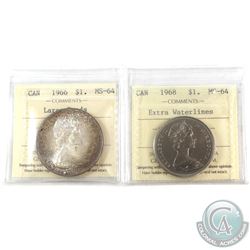 1966 Silver $1 Large Beads & 1968 Nickel $1 Extra Waterlines ICCS Certified MS-64. 2pcs.
