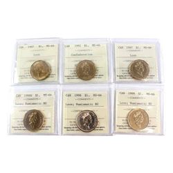 Loon $1 1987-1999 ICCS Certified MS-66 & MS-66 NBU. Included are 1987, 1992 Confederation, 1997, 199