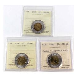$2 2005, 2006 & 2008 Quebec ICCS Certified MS-66. 3pcs
