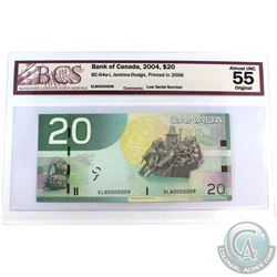 BC-64a-i 2004 Bank of Canada $20, Jenkins-Dodge LOW SERIAL NUMBER, ELB0000009 BCS Certified AU-55 Or