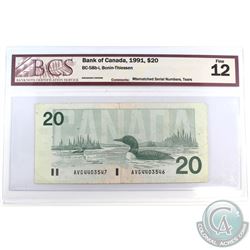 BC-58b-i 1991 Bank of Canada $20 Bonin-Thiessen, MISMATCHED SERIAL NUMBERS BCS Certified F-12. Tears