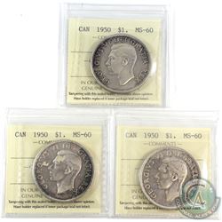 3x 1950 Canada Silver $1 ICCS Certified MS-60. 3pcs.