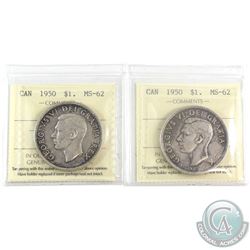 2x 1950 Canada Silver $1 ICCS Certified MS-62. 2pcs.