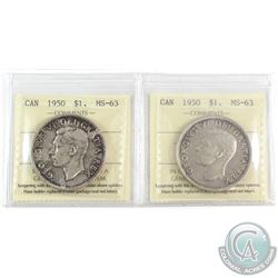 2x 1950 Canada Silver $1 ICCS Certified MS-63. 2pcs.