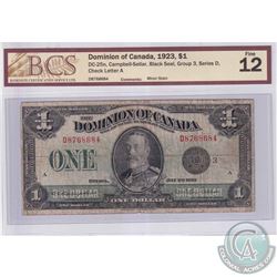 1923 $1 Dc-25n,  Dominion of Canada, Black Seal, group 3, series D, check letter A, BCS Certified F-
