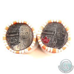 2012 Canada 25-cent Tecumseh Circulated Rolls. One roll is fully coloured and the other is fully non