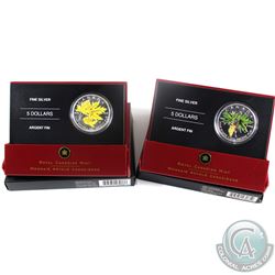 2005 & 2006 Canada $5 1oz Fine Silver Coloured Maple Leafs (Coins have light toning spots). 2pcs (TA