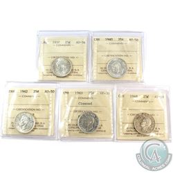 1937-1948 Canada 25-cent ICCS Certified - 1937 AU-58, 1940 AU-50, 1942 AU-50, 1943 VF-30 (cleaned) &
