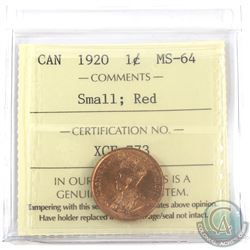 1920 Canada 1-cent Small ICCS Certified MS-64 Red