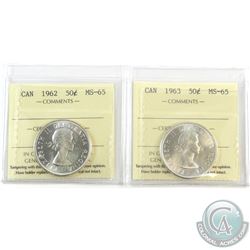1962 & 1963 Canada 50-cent ICCS Certified MS-65. 2pcs
